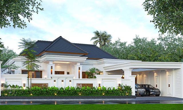 Desain Tampak Depan Dengan Pagar Rumah Villa Bali 2 Lantai Bapak RP di Padang