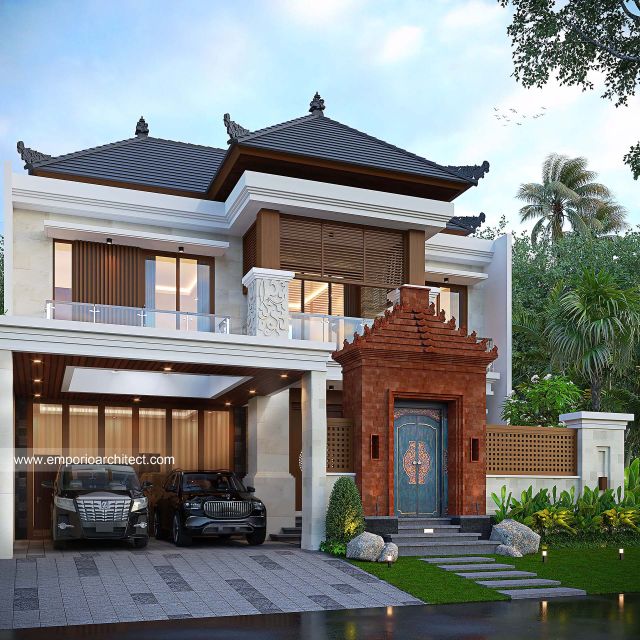 Desain Rumah Villa Bali 2 Lantai Bapak AGG di Jakarta Timur - Tampak Depan Dengan Pagar