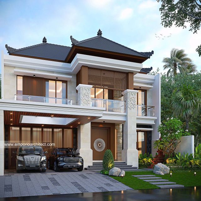 Desain Tampak Depan Rumah Villa Bali 2 Lantai Bapak AGG di Jakarta Timur