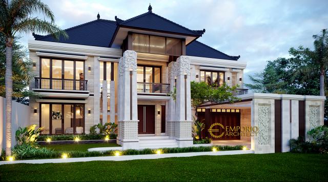 Desain Rumah Villa Bali 2 Lantai Ibu Widi di Bandung, Jawa Barat - Tampak Depan