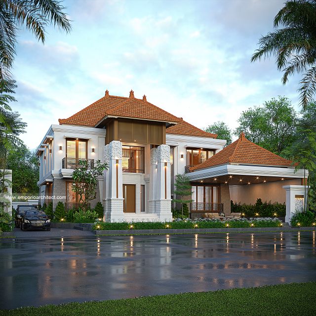 Desain Tampak Depan 2 Rumah Villa Bali 2 Lantai Ibu HL di Malaysia