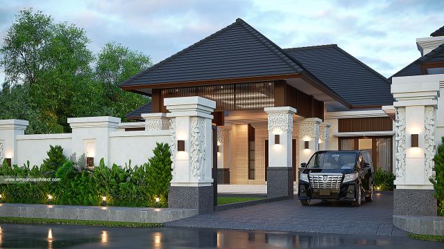 Desain Tampak Depan Dengan Pagar Rumah Villa Bali 2 Lantai Ibu E di Bengkulu