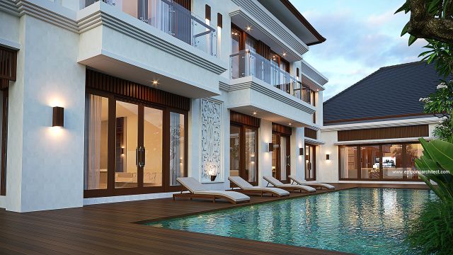 Desain Tampak Detail Belakang Rumah Villa Bali 2 Lantai Ibu E di Bengkulu