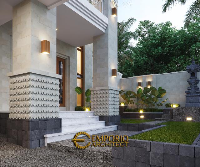 Desain Tampak Detail Depan Rumah Villa Bali 2 Lantai Bapak Nyoman di Denpasar, Bali