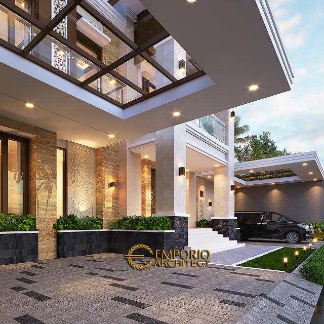 Desain Tampak Detail Depan Rumah Villa Bali 2 Lantai Bapak Wahyu di Tangerang