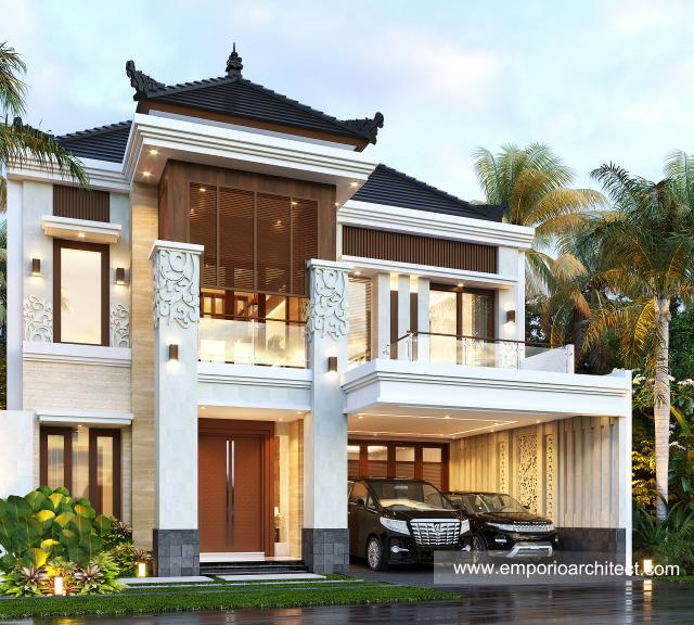 Desain Tampak Depan 2 Rumah Villa Bali 2 Lantai Ibu LNA di Bandung, Jawa Barat