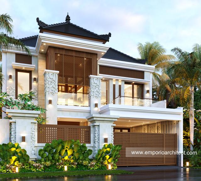 Desain Tampak Depan Dengan Pagar Rumah Villa Bali 2 Lantai Ibu LNA di Bandung, Jawa Barat