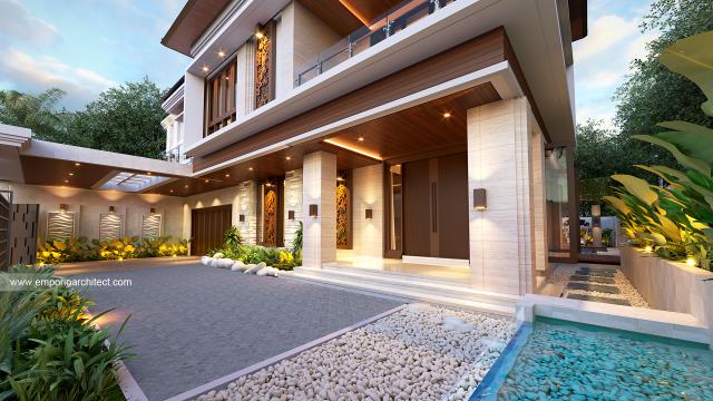 Desain Tampak Detail Depan Rumah Villa Bali 2 Lantai Bapak Wempy di Jakarta