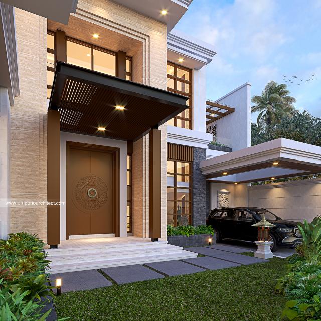 Desain Tampak Detail Depan Rumah Villa Bali 2 Lantai Ibu LZA di Tangerang