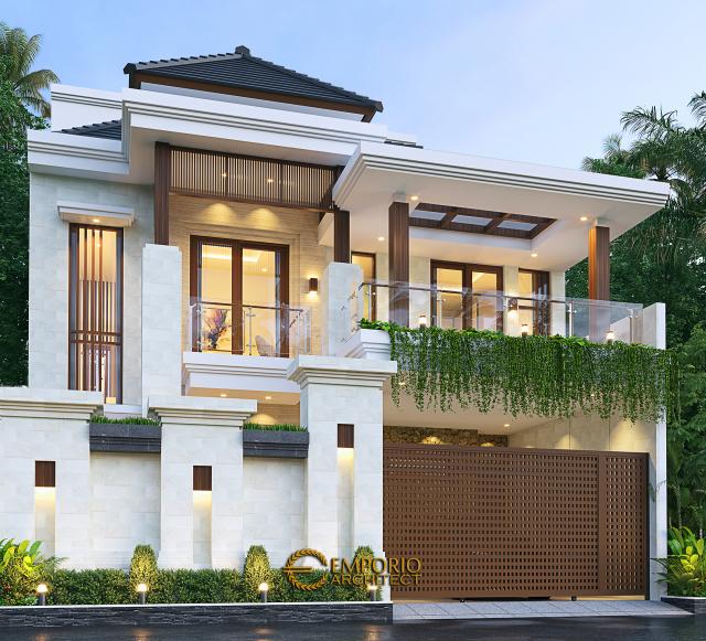 Desain Tampak Depan Dengan Pagar Rumah Villa Bali 2.5 Lantai Ibu Indrayeni di Makassar