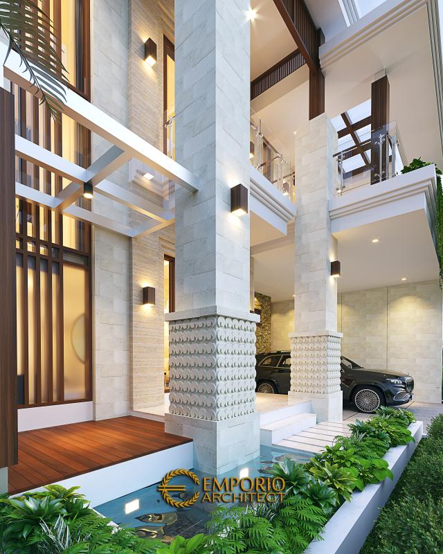 Desain Tampak Detail Depan Rumah Villa Bali 2.5 Lantai Ibu Indrayeni di Makassar