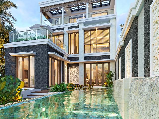 Desain Tampak Detail Belakang 2 Rumah Villa Bali 2.5 Lantai Bapak Bowo II di Tegal, Jawa Tengah