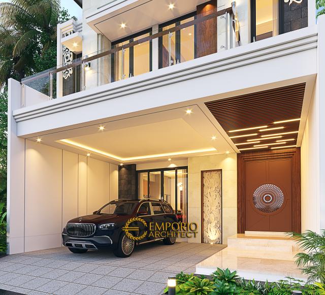 Desain Tampak Detail Depan Rumah Villa Bali 2.5 Lantai Bapak Prana di Bekasi