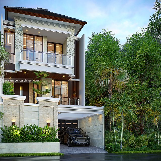 Desain Tampak Depan 2 Rumah Villa Bali 3 Lantai Bapak FRD di Jakarta