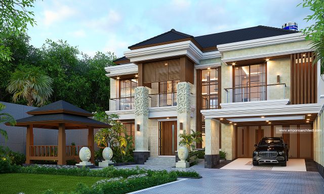 Desain Tampak Depan 2 Rumah Villa Bali 3 Lantai Bapak HNT di Yogyakarta