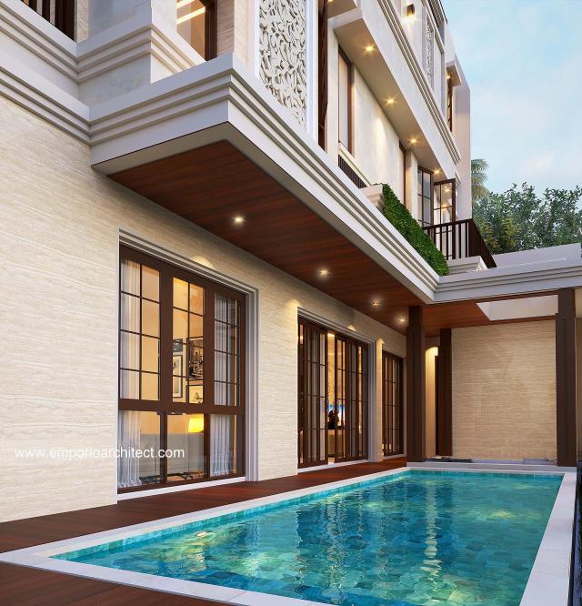 Desain Tampak Detail Samping Rumah Villa Bali 3.5 Lantai Bapak ADM di BSD, Tangerang Selatan