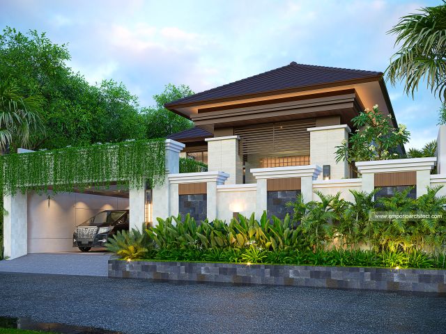 Desain Tampak Depan Dengan Pagar Rumah Villa Bali Modern 1 Lantai Bapak DD di Yogyakarta