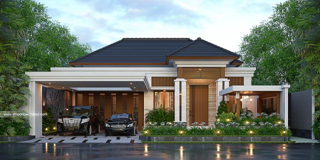 Desain Tampak Depan 2 Rumah Villa Bali Modern 1 Lantai Bapak A di Cilacap, Jawa Tengah