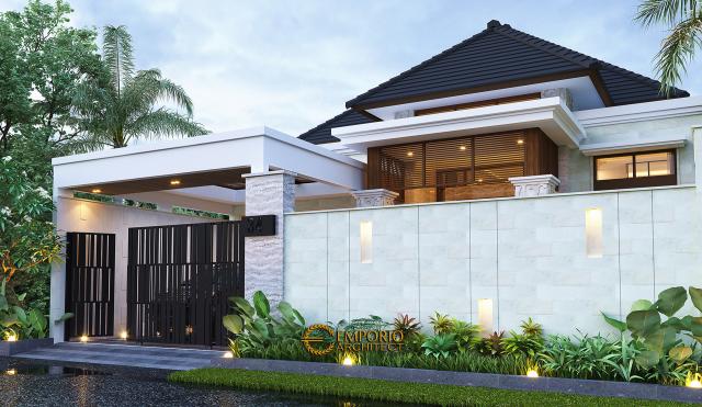 Desain Tampak Depan Dengan Pagar Rumah Villa Bali Modern 1 Lantai Bapak Eddy di Kediri, Jawa Timur