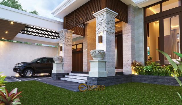 Desain Tampak Detail Depan Rumah Villa Bali Modern 1 Lantai Bapak Eddy di Kediri, Jawa Timur