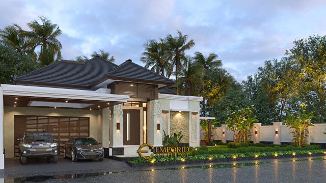 Desain Tampak Depan Tanpa Pagar 2 Rumah Villa Bali Modern 1.5 Lantai Ibu Theresia di Cipayung, Jakarta Timur