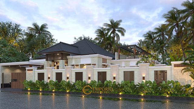 Desain Tampak Depan Dengan Pagar Rumah Villa Bali Modern 1.5 Lantai Ibu Theresia di Cipayung, Jakarta Timur