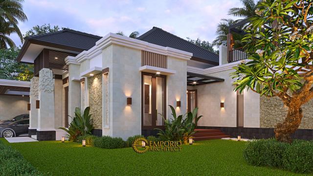 Desain Tampak Detail Depan Rumah Villa Bali Modern 1.5 Lantai Ibu Theresia di Cipayung, Jakarta Timur