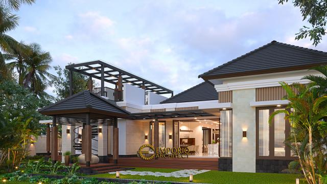 Desain Tampak Belakang Rumah Villa Bali Modern 1.5 Lantai Ibu Theresia di Cipayung, Jakarta Timur