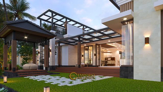 Desain Tampak Detail Belakang Rumah Villa Bali Modern 1.5 Lantai Ibu Theresia di Cipayung, Jakarta Timur