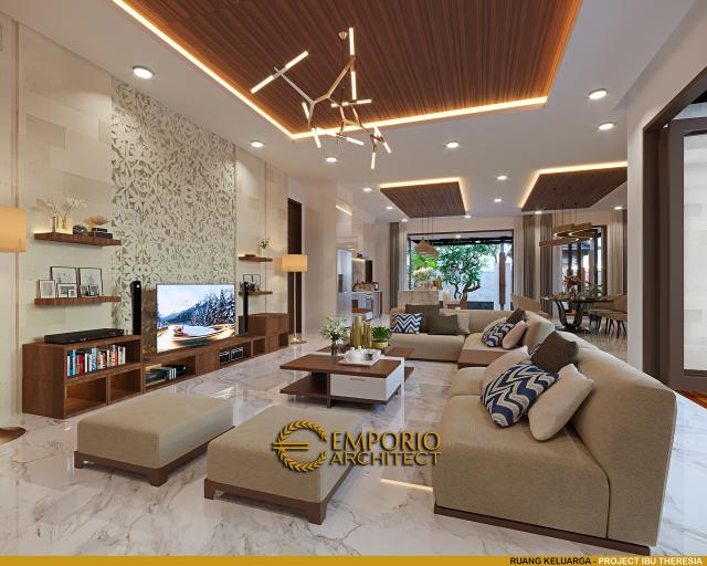 Desain Ruang Keluarga Rumah Villa Bali Modern 1.5 Lantai Ibu Theresia di Cipayung, Jakarta Timur