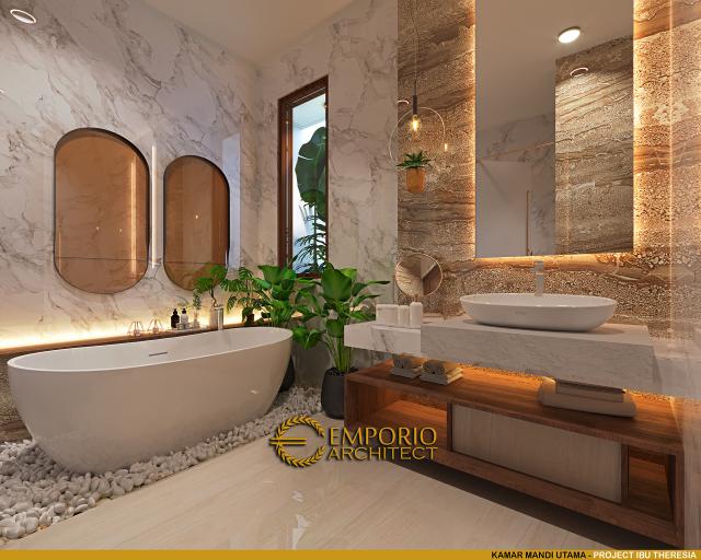 Desain Kamar Mandi Utama Rumah Villa Bali Modern 1.5 Lantai Ibu Theresia di Cipayung, Jakarta Timur