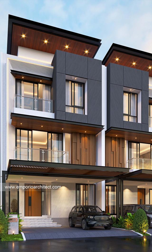 Desain Tampak Depan 3 Townhouse Modern 3 Lantai Bapak HRN (Tipe 8x20) di Bintaro, Jakarta Selatan