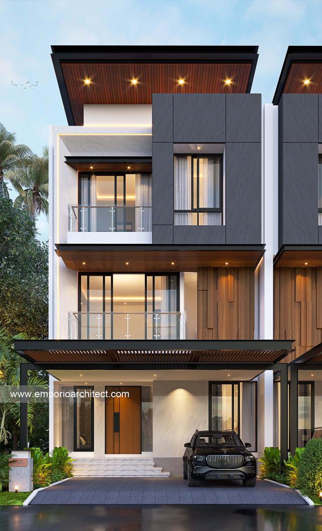 Desain Tampak Depan 4 Townhouse Modern 3 Lantai Bapak HRN (Tipe 8x20) di Bintaro, Jakarta Selatan