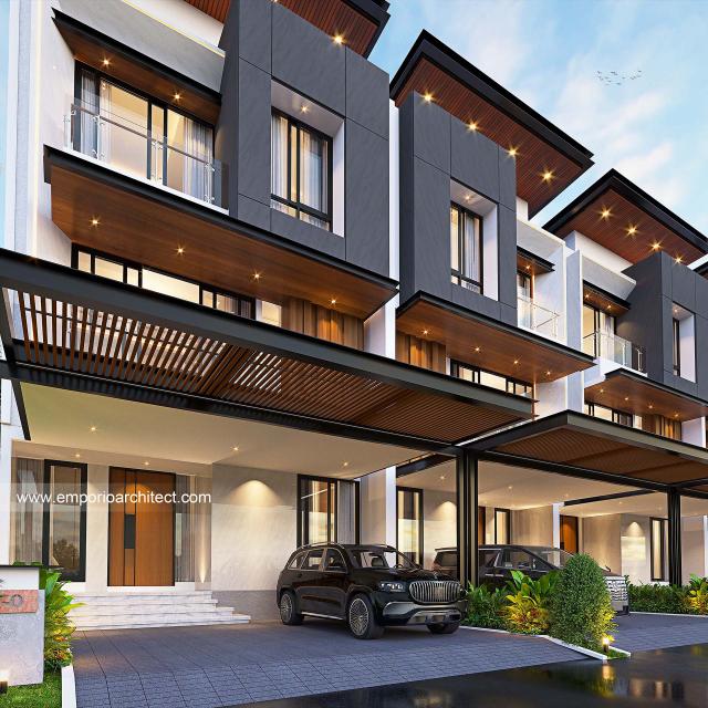 Desain Tampak Detail Depan Townhouse Modern 3 Lantai Bapak HRN (Tipe 8x20) di Bintaro, Jakarta Selatan