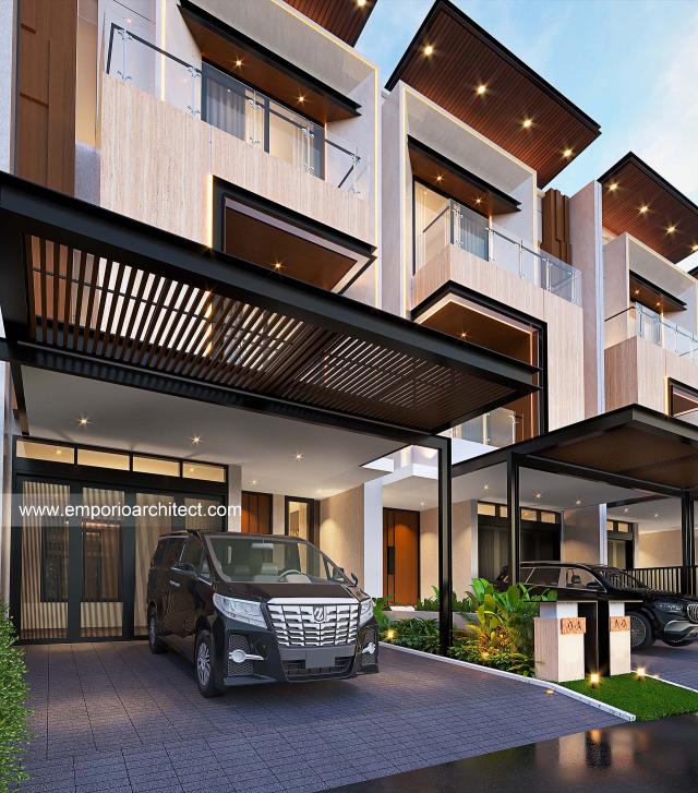 Desain Tampak Detail Depan Townhouse Modern 3 Lantai Bapak HRN (Tipe 7x25) di Bintaro, Jakarta Selatan