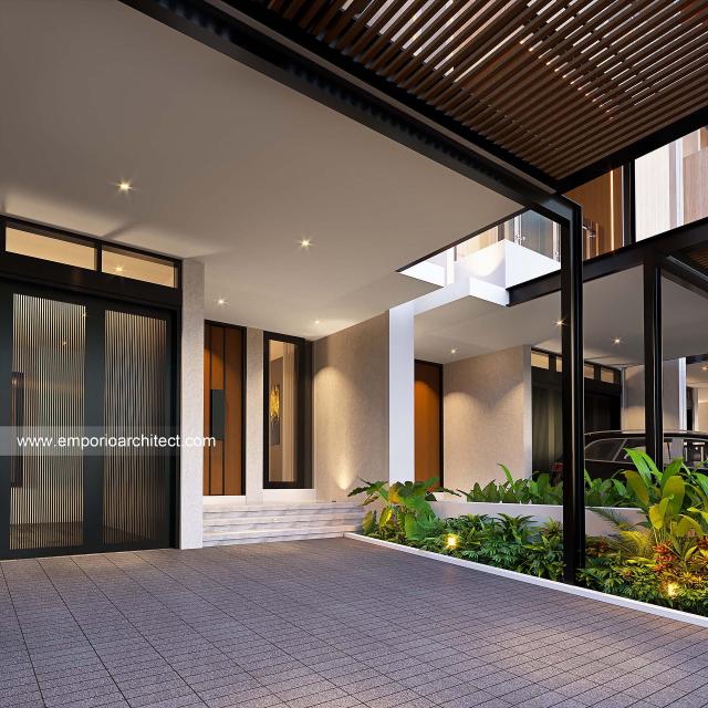 Desain Tampak Detail Depan 2 Townhouse Modern 3 Lantai Bapak HRN (Tipe 7x25) di Bintaro, Jakarta Selatan