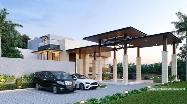 Desain Villa dan Rumah Modern 2.5 Lantai Ibu KWS di Sukabumi, Jawa Barat - Tampak Depan