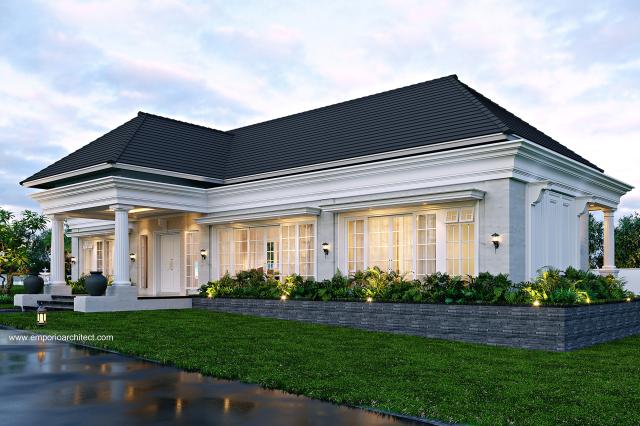 Desain Tampak Depan Paviliun Villa Klasik 1 Lantai Bapak WYU di Lampung