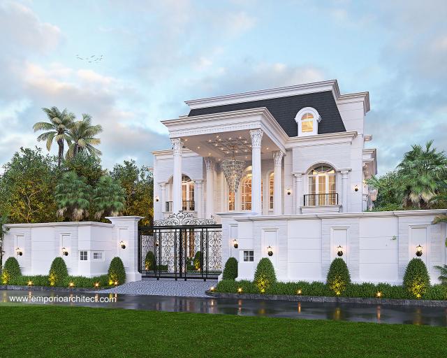 Desain Tampak Depan Dengan Pagar Villa Klasik 4 Lantai Bapak Azwardy di Belitung, Kepulauan Bangka Belitung