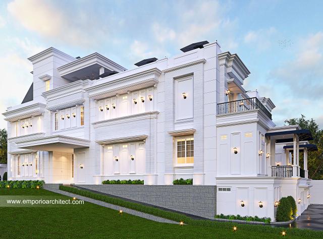 Desain Tampak Samping Villa Klasik 4 Lantai Bapak Azwardy di Belitung, Kepulauan Bangka Belitung