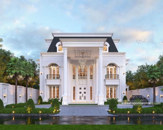 Desain Tampak Depan 3 Villa Klasik 4 Lantai Bapak Azwardy di Belitung, Kepulauan Bangka Belitung