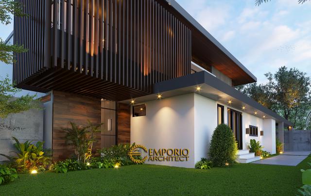 Desain Tampak Detail Depan 1 Villa Modern Industrial 2 Lantai Ibu Ista di Bogor