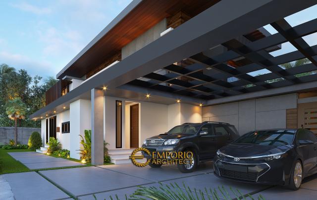 Desain Tampak Detail Depan 2 Villa Modern Industrial 2 Lantai Ibu Ista di Bogor