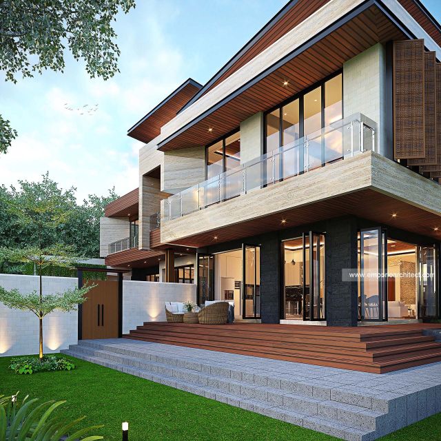 Desain Tampak Detail Samping Villa Depan Modern 2 Lantai Bapak RD di Bali