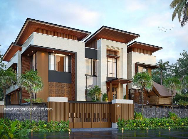 Desain Tampak Depan Dengan Pagar Villa Modern 3 Lantai Ibu GT di Toraja, Sulawesi Selatan