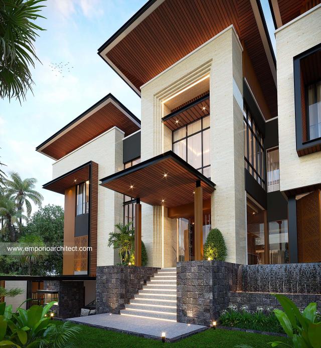 Desain Tampak Detail Depan 2 Villa Modern 3 Lantai Ibu GT di Toraja, Sulawesi Selatan