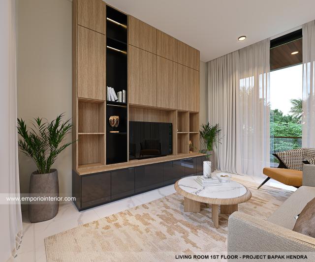 Desain Ruang Keluarga Lantai 1 Verdant Villa Modern 3 Lantai di Gianyar, Bali