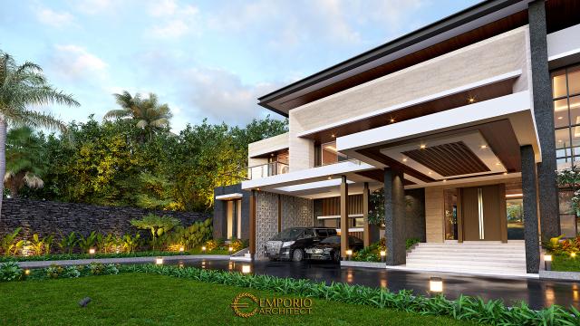 Desain Tampak Detail Depan Villa Modern 3 Lantai Bapak Rudy di Jakarta