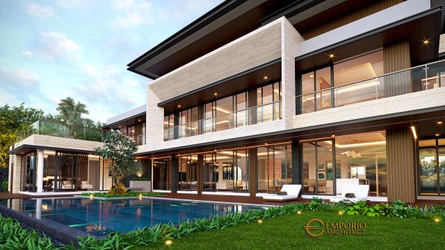 Desain Tampak Detail Belakang Villa Modern 3 Lantai Bapak Rudy di Jakarta