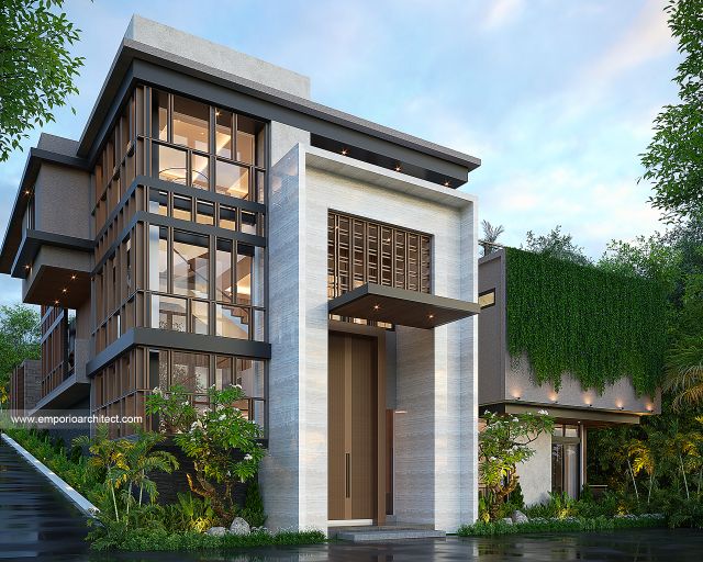 Desain Tampak Depan Villa Modern 3 Lantai Bapak RTO dan Ibu HN di Bogor